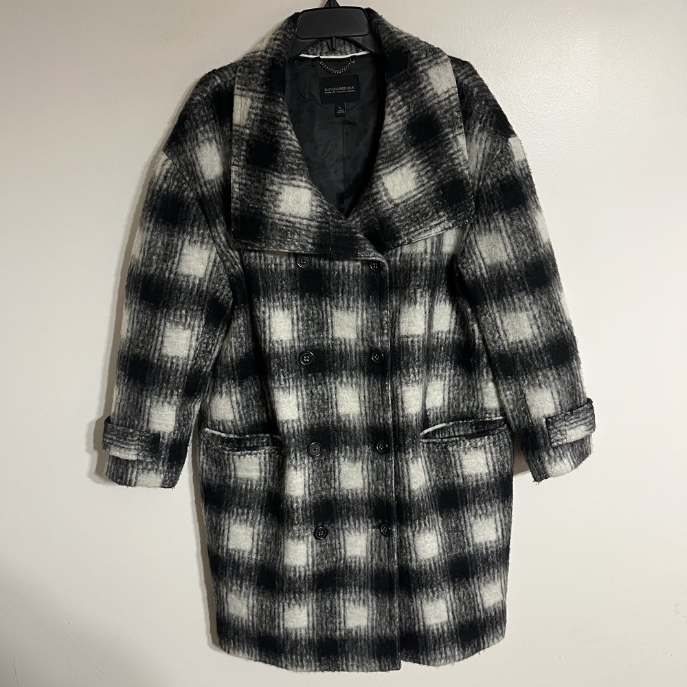 Banana Republic Women Wool Blend Plaid Italian Black And White Posh‎ Coat Large
